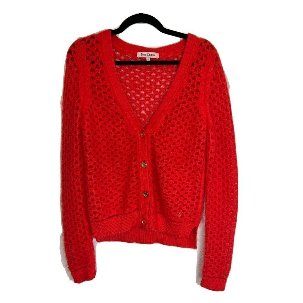 JUICY COUTURE  Red Knit Rabbit Hair Cardigan Sweater Fuzzy Soft Fluffy 1D